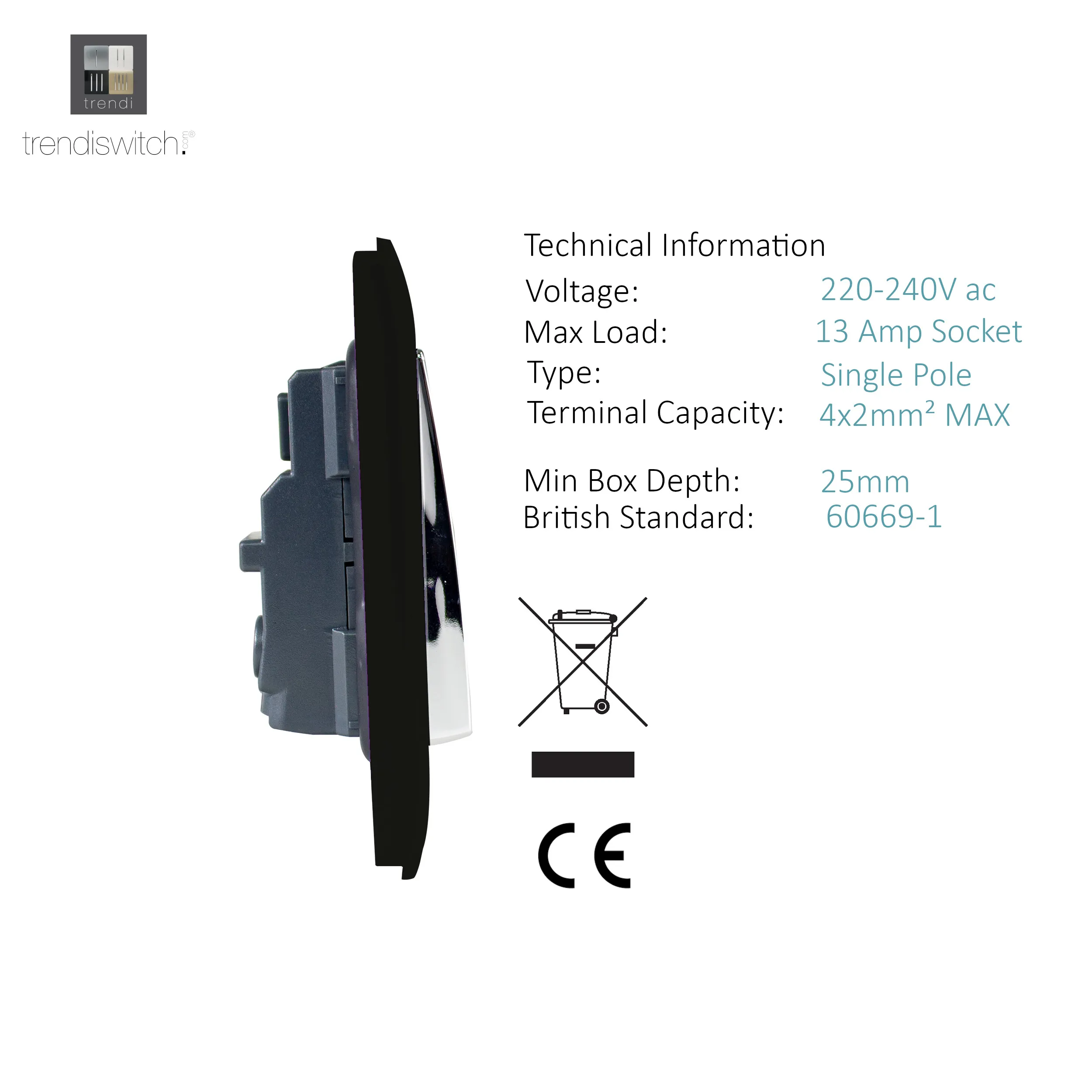 2 Gang 13Amp Long Switched Double Socket Matt Black ART-SKT213LMBK  Trendi Matt Black